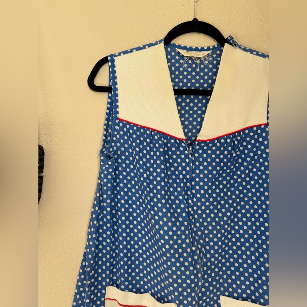 Vintage KOMAR Blue Polka Dot Sailboat Zip Nightgown Dress - Picture 3 of 4